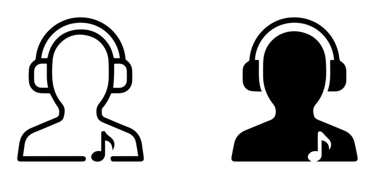 2 Music listener icons, person with headphones and musical note, outline and solid styles, UI and web interface design