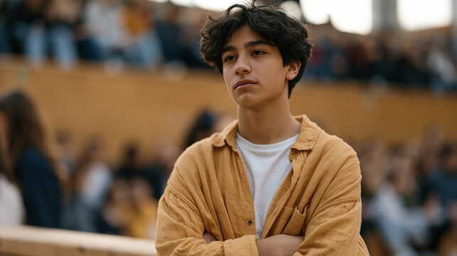 Roma teenager standing at edge of school gymnasium during a crowded social event, arms crossed watching others interact freely, social anxiety, adolescence, outsider feeling,
