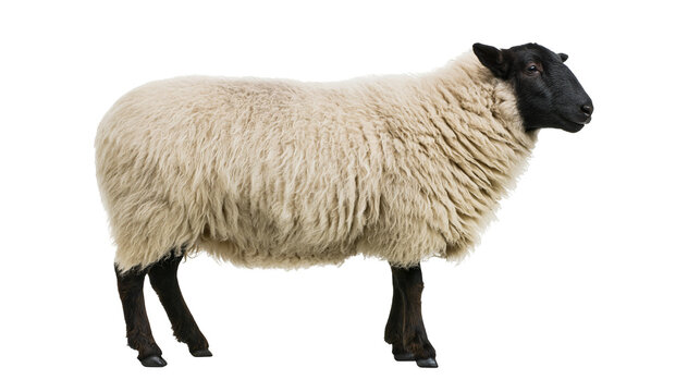 Black-faced sheep with thick woolly coat standing