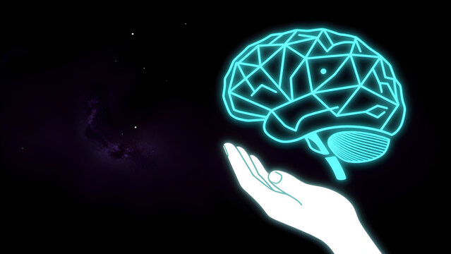 Glowing blue neon brain over hand silhouette on dark background