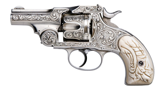 Engraved silver revolver with ornate ivory grips