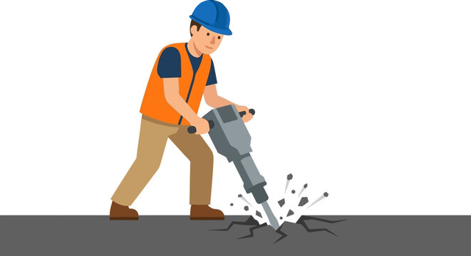 Construction worker using jackhammer on pavement.