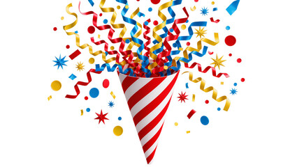 Fototapeta premium Red and white striped party popper exploding colorful confetti and streamers
