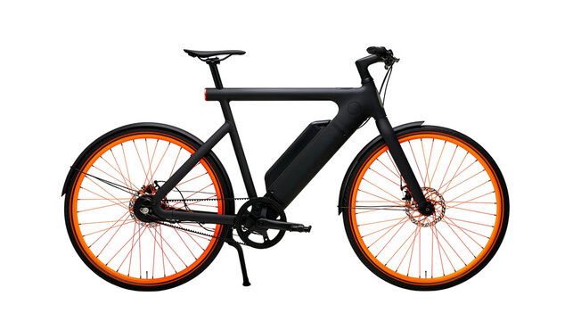 Black electric bicycle with orange rims and integrated battery