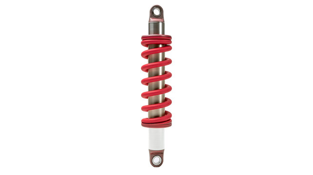 Red coilover shock absorber with silver metal cylinder