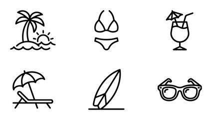 Obraz premium 6 Summer vacation icons, beach, bikini, cocktail, lounge chair, surfboard, sunglasses, outline solid styles, UI and web interface design