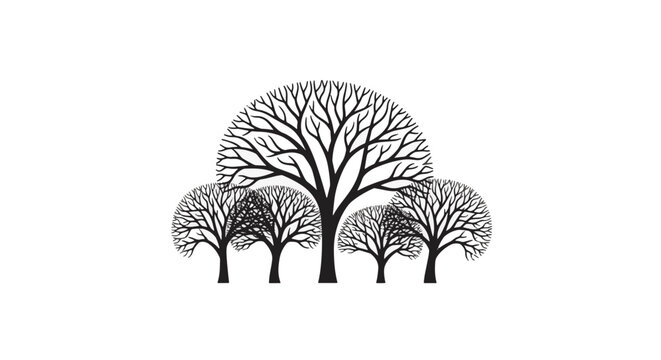 Silhouette of five stylized leafless trees with intricate black branches arranged symmetrically on a white background, featuring one large central tree and smaller flanking trees.