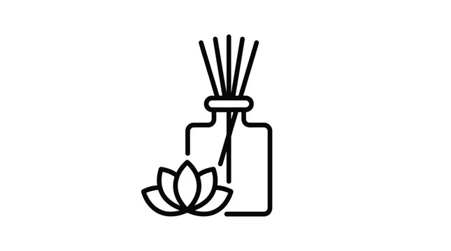 Minimalist vector illustration of a glass aroma diffuser bottle paired with a delicate lotus flower