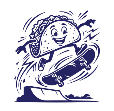 Cheerful taco character performing a skateboard trick on a ramp with skateboard character lifestyle illustration recreation movement enjoyment