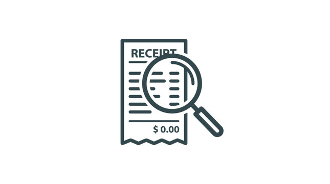 Magnifying glass inspecting receipt with zero dollar balance.