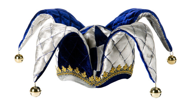 Jester hat with blue velvet silver quilted fabric gold trim, and bells