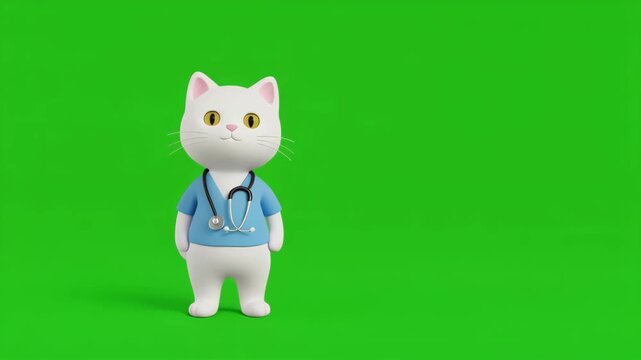 Cute cartoon cat character standing on green screen seamless loop with cinematic motion