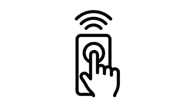 Minimalist black and white vector illustration of a finger pressing a wireless remote control button