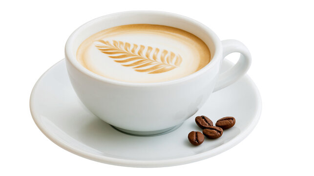 White cup of latte with leaf art and coffee beans