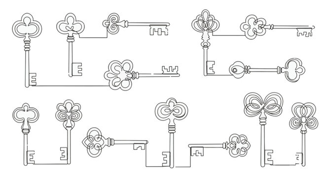 Collection of vintage antique skeleton keys in continuous line art drawing style. Ornate key set with decorative filigree bows and intricate bits isolated on a white background.