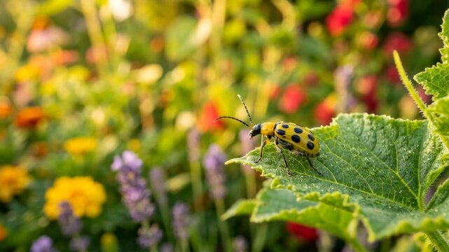 cucumber beetle on garden leaf in english countryside golden light close up video