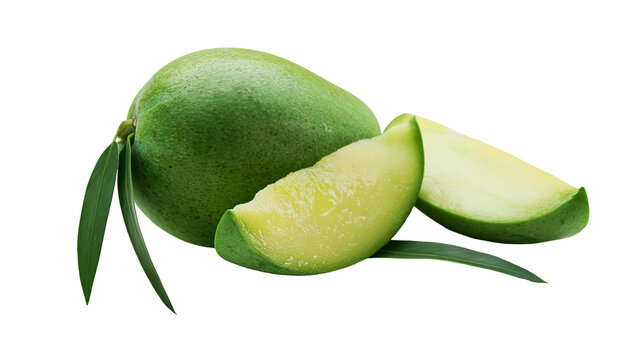 Whole green mango with two slices and leaves