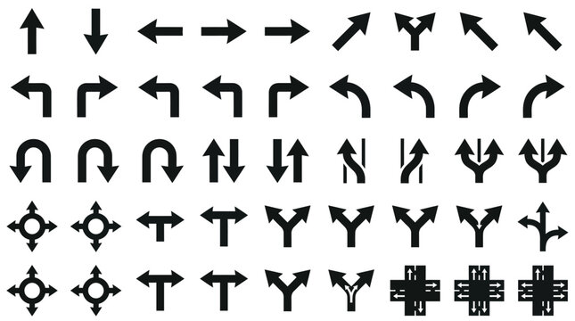 Minimalist black vector graphic illustration containing a large collection of diverse directional road navigation arrows