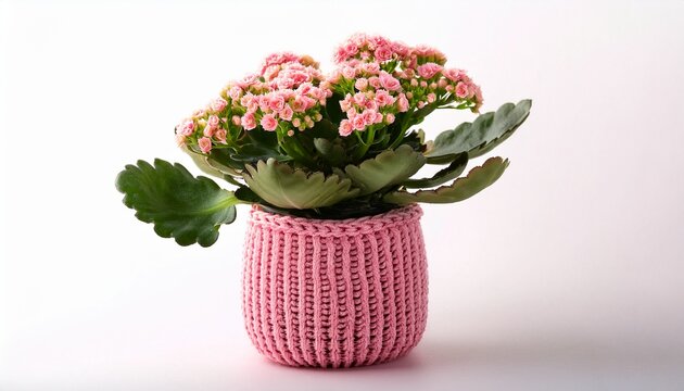 a beautiful pink kalanchoe blossfeldiana plant in a textured pink knittedstyle pot isolated on white background