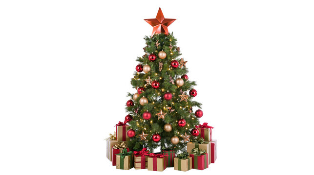 Decorated Christmas tree with red and gold ornaments and star topper, surrounded by gift boxes