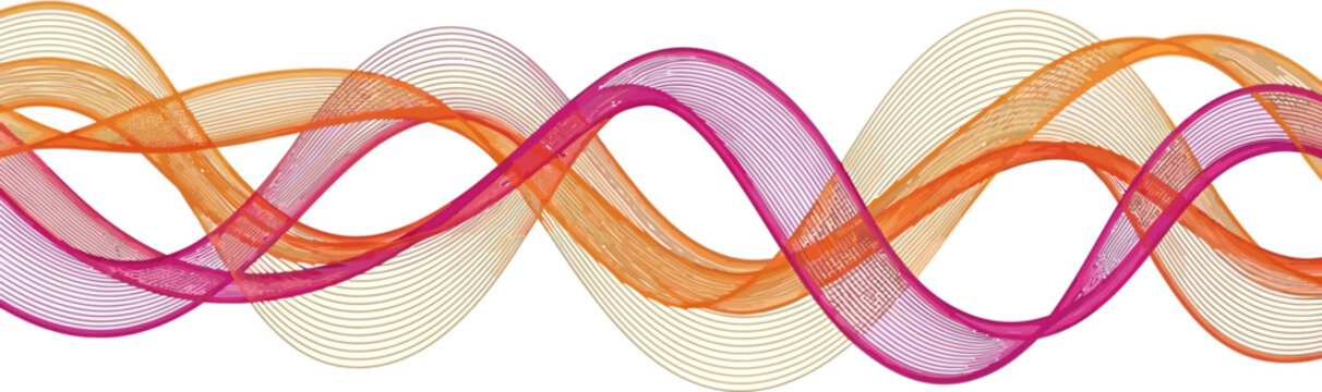 Vibrant pink, orange, and red ribbons swirl dynamically on white