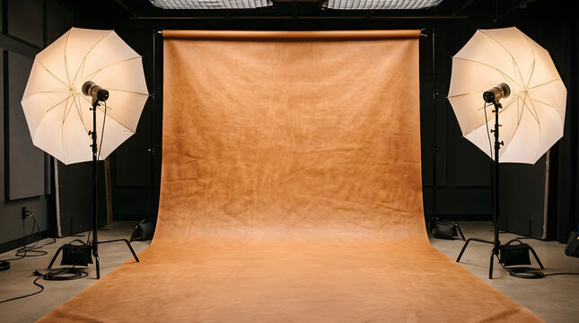 A photography studio setup with softbox lights illuminates a large brown backdrop and floor.