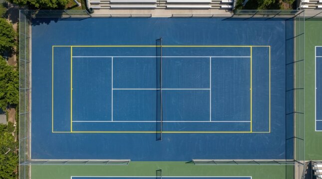 Aerial view of a blue tennis court with yellow lines