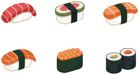 Sushi vector set featuring fresh salmon nigiri, tuna sashimi rolls, nori wrapped maki, and ikura caviar gunkan items, traditional Japanese food menu graphics. © suborna