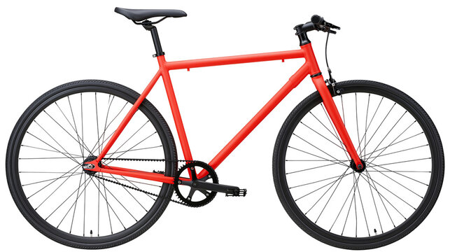 Red fixed gear bicycle with black wheels and seat
