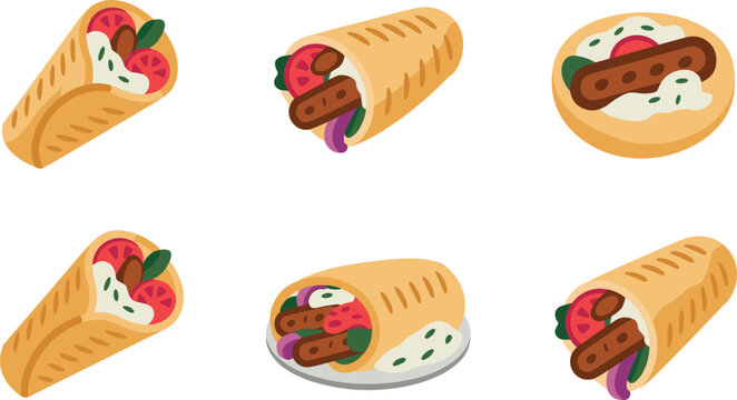 Gyros vector collection with grilled meat wraps, fresh flatbread pita sandwiches, tomato slices, salad greens, and tzatziki sauce, Greek street food cartoon icons.