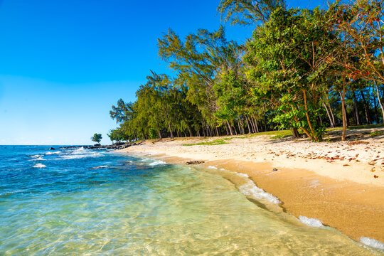 Wild sandy beach at the &ldquo;Pointe aux Piments&rdquo; in the west of the tropical vacation paradise of Mauritius (Indian Ocean). Black lava rocks, fine light-colored sand, turquoise-blue clear water and surf.