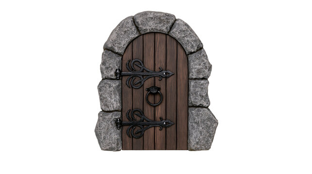 Arched wooden door with stone frame and ornate metal hinges