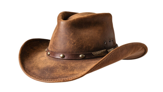 Brown distressed leather cowboy hat with metal accents, isolated on transparent background