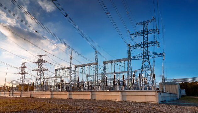 high voltage power lines stretch away from a modern electrical substation building