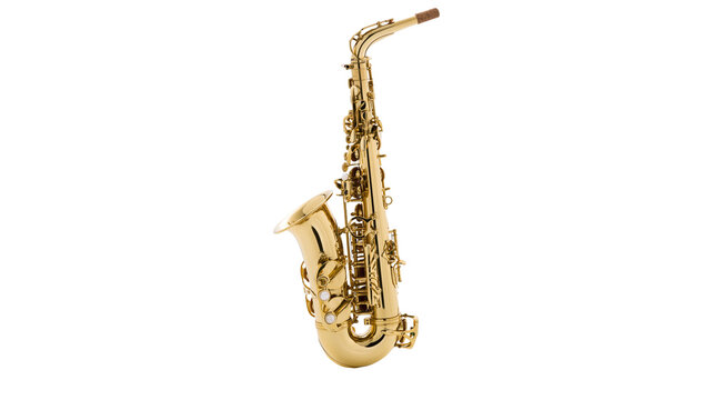 Golden alto saxophone with keys and mouthpiece