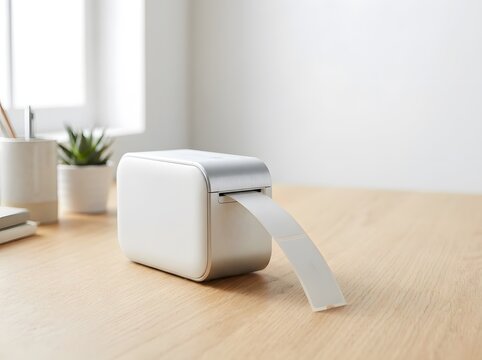 Compact portable label maker on a wooden desk with soft window light and office supplies