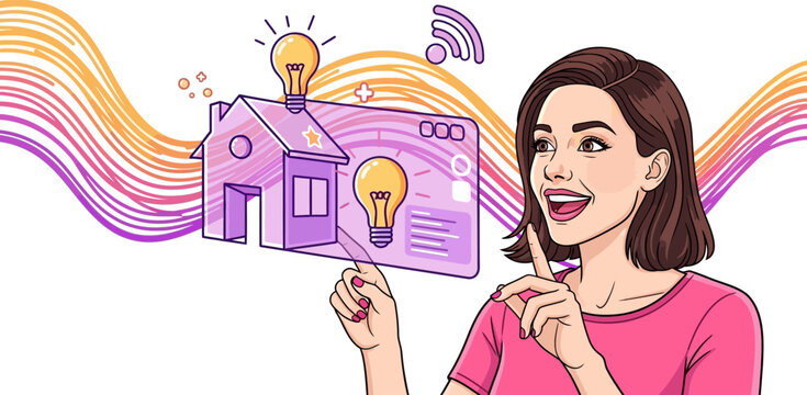 Woman holding a digital house with a lightbulb on a colorful background thinking