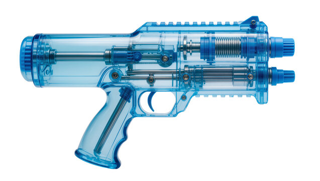 Transparent blue plastic water gun with visible internal metal mechanisms, isolated on transparent background