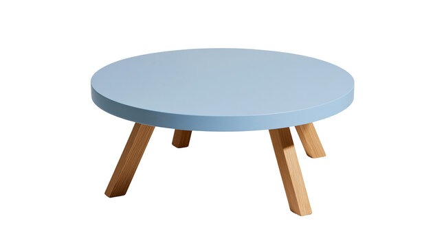 Round light blue coffee table with wooden legs