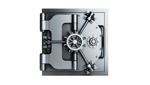 Heavy steel bank vault door with intricate locking mechanism, isolated on transparent background
