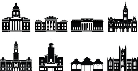 Obraz premium Historic Civic Buildings Silhouette Collection with Government and Institutional Architecture Set