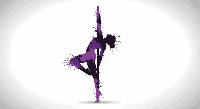 Silhouette of a female pole dancer in a mid-air acrobatic pose featuring purple paint splash textures and ink splatters on a white background with a subtle vignette.
