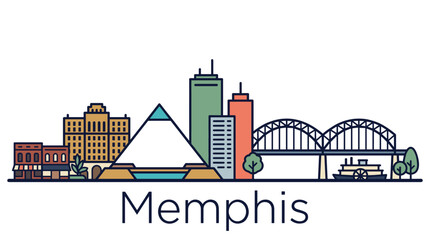 Obraz premium Memphis city skyline linear vector illustration with iconic pyramid and bridge