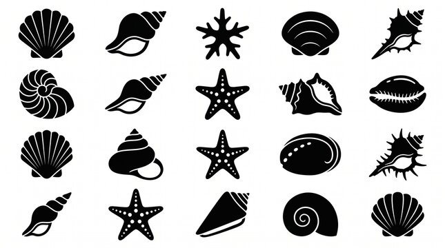 Sea Shell and Starfish Silhouettes Beach Vector Pack