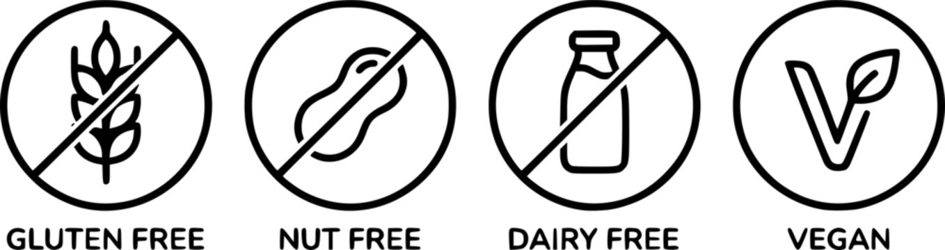Minimal black outline food allergy symbols set, gluten free, nut free, dairy free and vegan packaging icons isolated on white background, dietary label collection