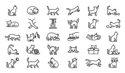 Fototapeta premium 30 Cat Line Icons Collection with Cute Feline Poses and Behaviors Vector