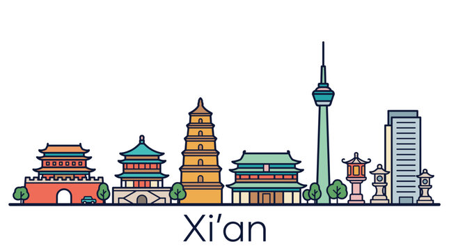 Xi'an skyline minimalist vector illustration with traditional architecture and modern tower