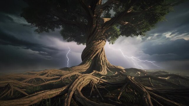 Firefly glowing near a colossal twisted tree in a stormy mystical landscape at night