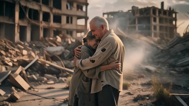 Couple embracing in a post apocalyptic world finding love and hope amidst ruins and destruction