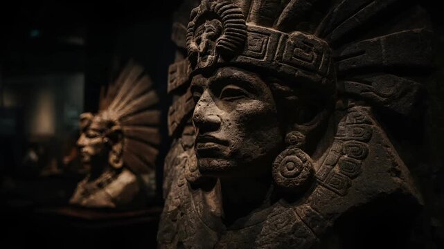 Maya Aztec civilization, Mexico culture. Mysterious, fantasy. A closeup of intricately carved stone statues, likely from an ancient Mayan civilization. The statues feature detailed facial features.